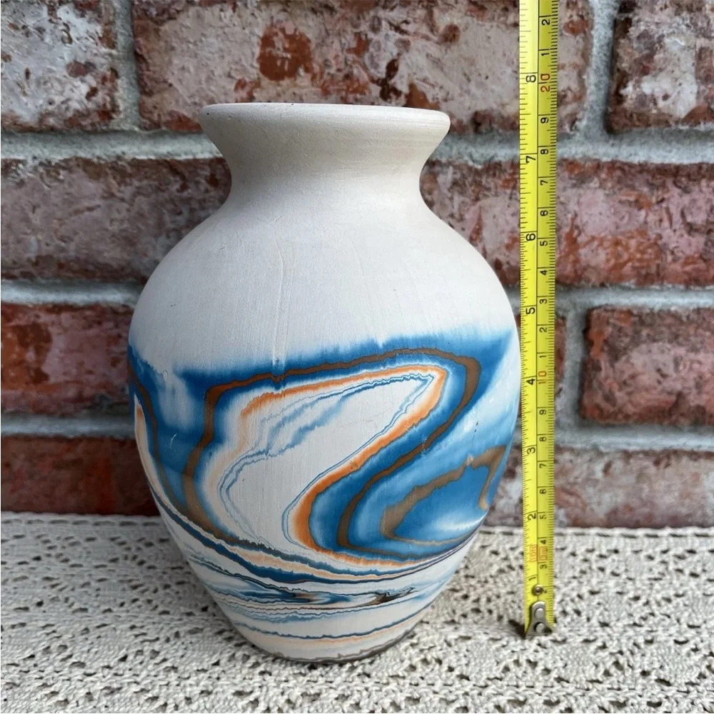 Nemadji Pottery Indian River Vase Blue Multicolor Swirl Design Made in USA VTG